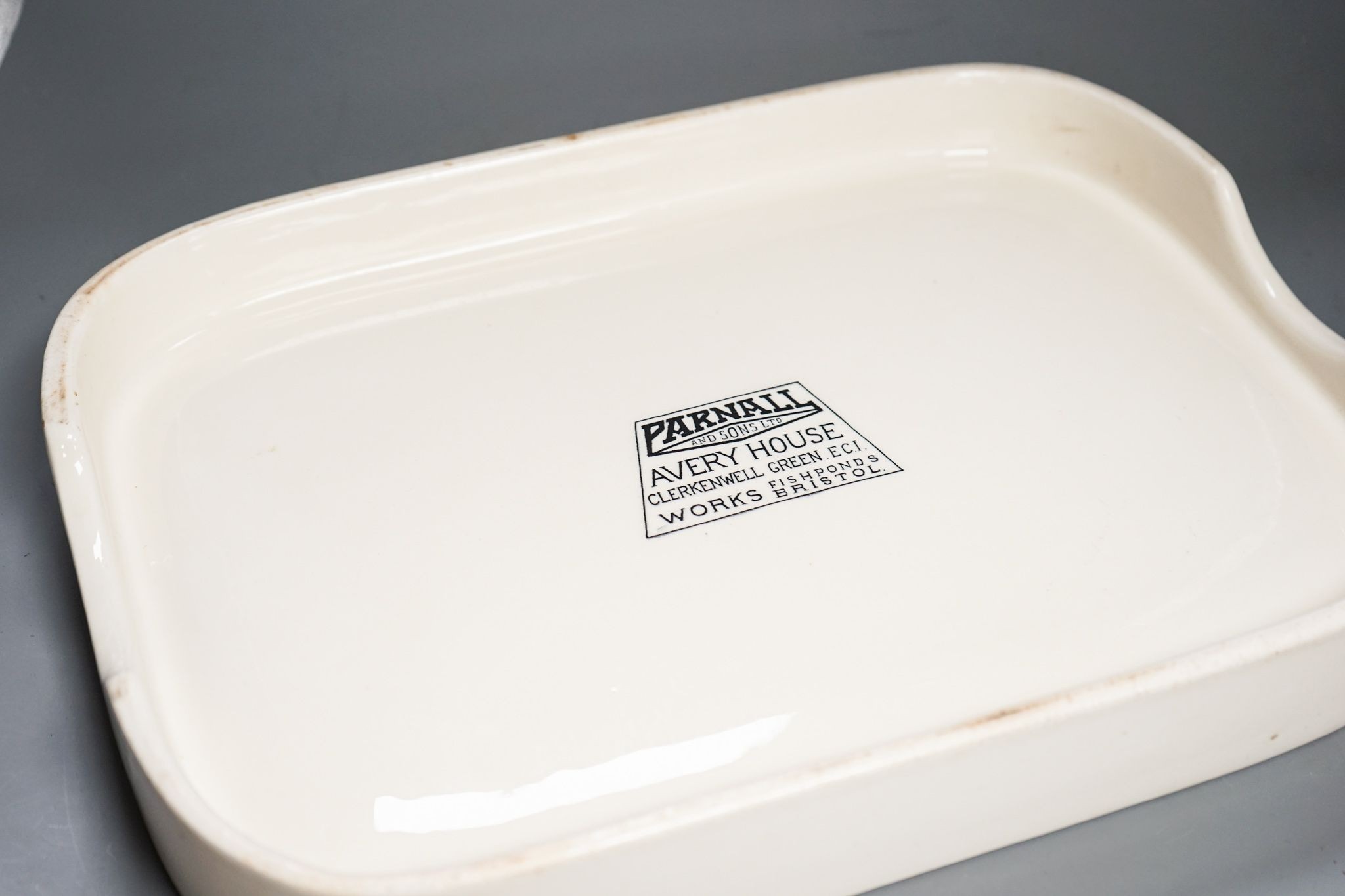 A Pure Lard earthenware container, black printed mark ‘Parnall and Sons Ltd, Avery House, Clerkenwell Green EC1 works Fishponds Bristol, 40cm